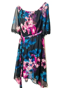 Jennifer Lopez Black Pink Floral Off Shoulder Ruffle Dress, Size L - Picture 1 of 5