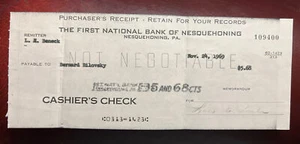 1969 The First National Bank of Nesquehoning, Pa  Cashier’s Check Receipt - Picture 1 of 2
