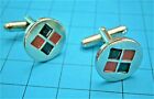 D411*) Round silver tone red and blue enamel diamond patterned Men’s Cufflinks  