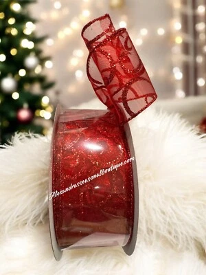 Christmas Valentine’s Day Swirl Sheer Red Glitter Wired Edge Ribbon 2.5x90FT New - Image 1 of 4