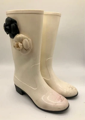 Authentic CHANEL Camellia Rain Boots in White, Ships from Japan - Image 1 of 4