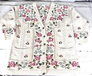 VTG Laura Ashley Cardigan Sweater Women M Cream Floral 90s Cottage Granny READ - Picture 1 of 16