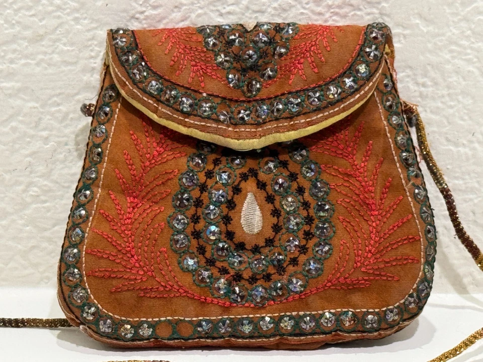 Vintage Embroidered Beaded Purse – Handmade Boho Crossbody Bag (5"x5.5") - Image 1 of 4