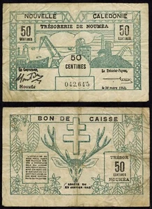 Currency March 29, 1943 New Caledonia Fifty Centimes Banknote P54 Good Fine - Picture 1 of 1