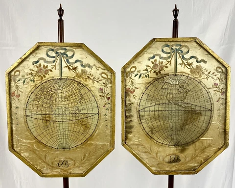 Antique Pair of 18th C. George III Embroidery Needlework World Map Pole Screens Cover