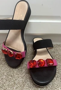 Kate Wedge Sandals 7 Black Elastic Band Bejeweled With 3 Red Gems On Pink Strap - Picture 1 of 7