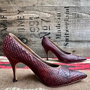 VINTAGE 1950S RUSSET SNAKESKIN POINTY STILETTO PUMPS, TIFFANY SHOES, NYC,7B,SEXY - Picture 1 of 24