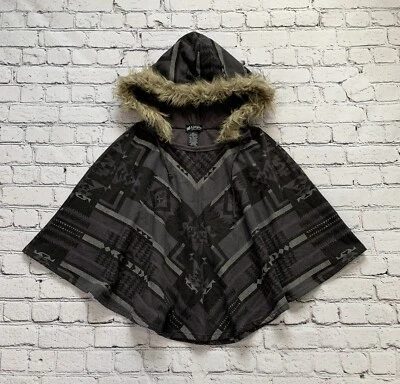 Y2K Self Esteem Women’s L Gray Hooded Parka Poncho Southwestern Aztec Boho - Image 1 of 4