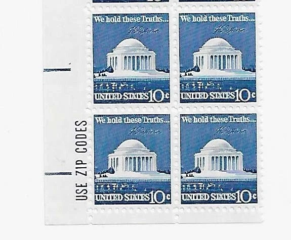 US Jefferson Memorial We Hold These Truths 10c Zip Block of 4 Scott #1510 - Image 1 of 1