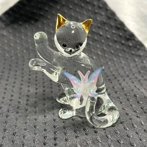 Crystal Cat with Colorful Butterfly And Gold Ears Figurine Figure - Picture 1 of 15