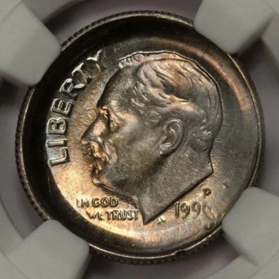 1990 NGC MS64 Multistruck Broadstruck Dime Mint Error 2 Dates Beautiful Toning - Image 1 of 4