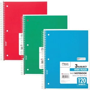 Mead Spiral Notebooks, 3 Subject, Wide Ruled Paper, Pack of 3, Red/Green/Blue - Picture 1 of 6