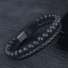 Men Leather Bracelet Braided Lava Rock Volcanic Stone Stainless Steel Magnetic