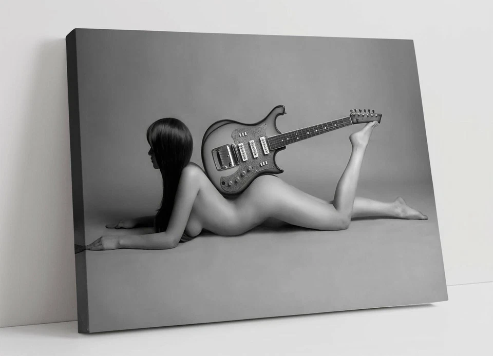 NUDE WOMAN GUITAR -DEEP FRAMED CANVAS WALL ART PICTURE PAPER PRINT-BLACK & WHITE - Image 1 of 4