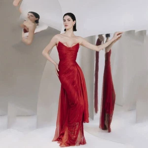 Abiti da sera eleganti rossi sirena ballo festa abiti sexy seta maxi abito da ballo - Foto 1 di 5