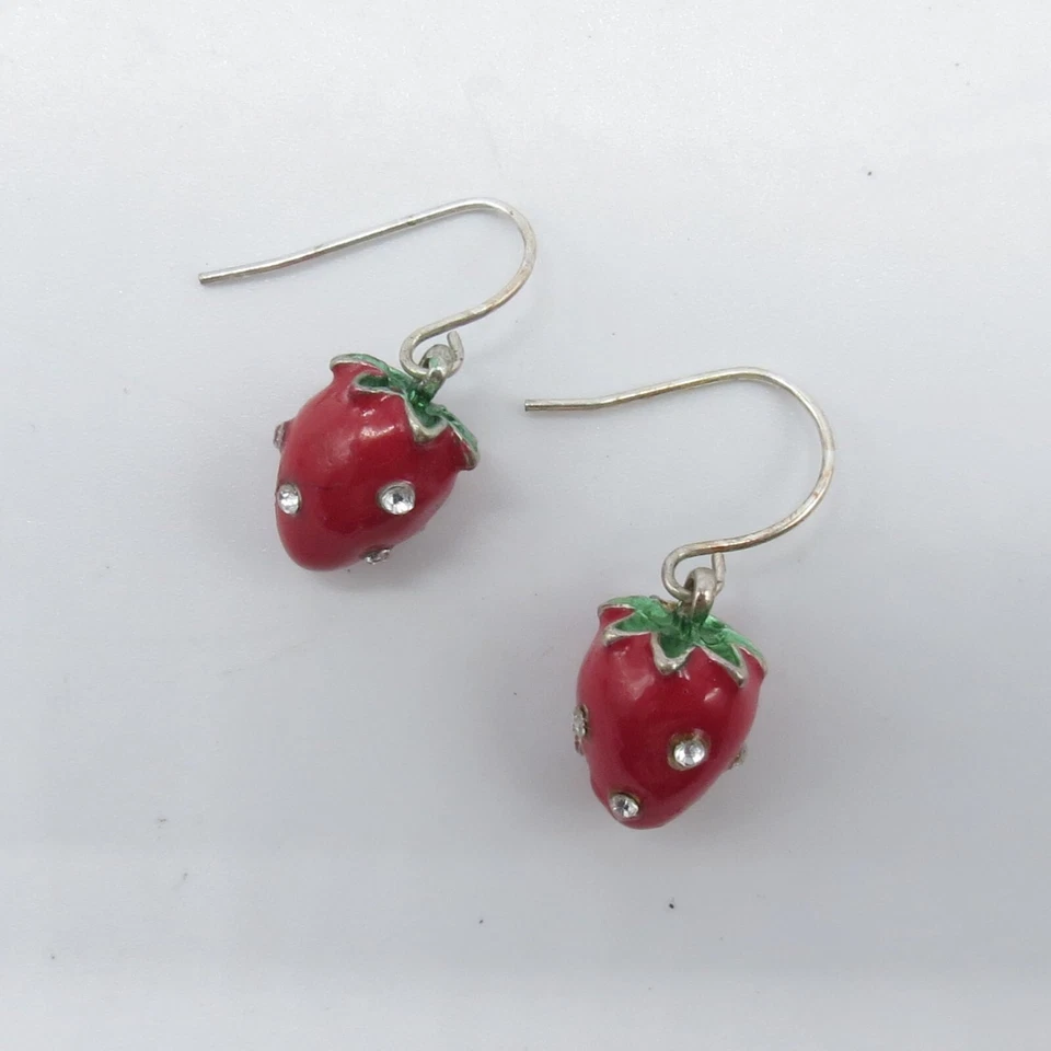 Linda coqueta pendientes colgantes fresa esmalte rojo verde tono plata  Foto 1 de 4