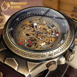 Luxury Men's Automatic Mechanical Wrist Watch Leather Strap Retro Skeleton Dial - Picture 1 of 9
