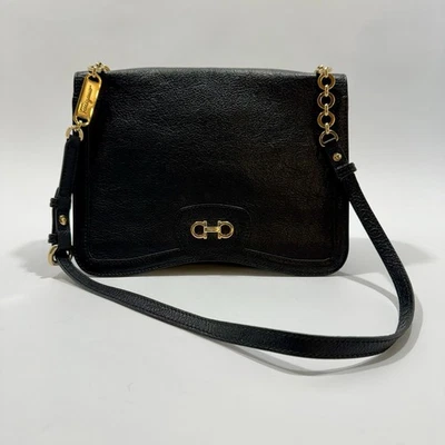 Salvatore Ferragamo Gancini Flap Leather Chain Shoulder Bag Black - Image 1 of 4