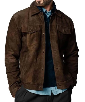 Chaqueta de cuero de gamuza marrón oscuro Logan para hombre estilo vaquero occidental chaqueta de camionero Foto 1 de 4