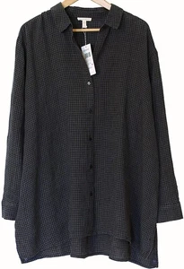 Eileen Fisher NWT Puckered Organic Linen Classic Collar Shirt CHECK PRINT Sz XL - Picture 1 of 5