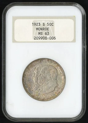 Moneda de Estados Unidos 1923 S Monroe medio dólar de plata conmemorativa MS63 NGC ¡SIN PRECIO BASE! Foto 1 de 2