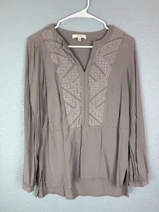 Spense Blouse Womens Medium Gray Long Sleeve Boho Tunic Embroidered Lace Top - Picture 1 of 11