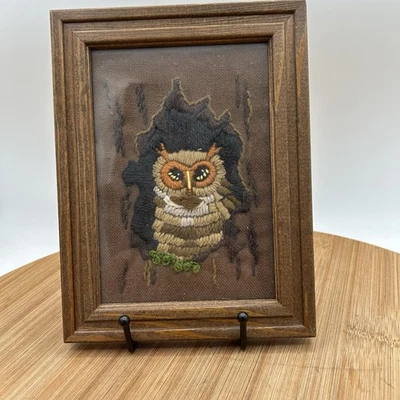 Vintage Owl Crewel Yarn Embroidery Cross Stitch Wall Art  6" X8" Framed Bird - Image 1 of 3
