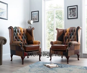 2 x Brompton Patchwork Leather Wing Chairs Armchair High Back Chesterfield - Picture 1 of 24