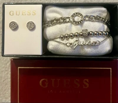 GUESS Schmuck Geschenk Set Silber 3 x Armketten 1x Ohrringe - Luxus 5 Teile NEU - Bild 1 von 4