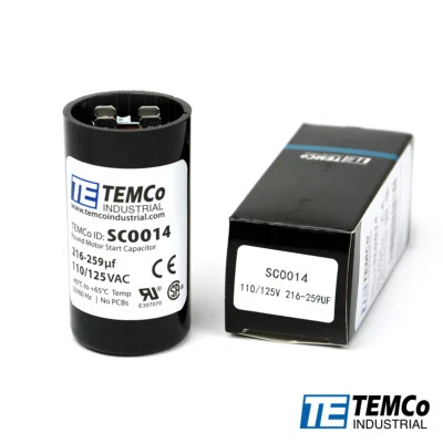 TEMCo 216-259 uf/MFD 110-125 VAC volts Round Start Capacitor 50/60 Hz -Lot-1
