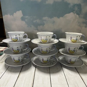 Longchamp PEROUGES France Cup Saucer Sets Blue Trim Bird Hand Painted Set of 9 - Picture 1 of 10