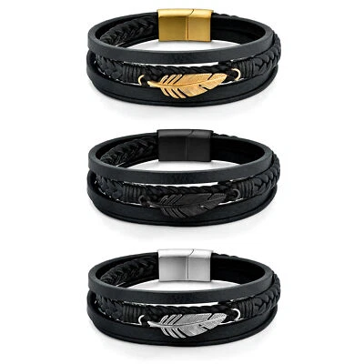 Men Braided Multi-Layer Leather Stainless Steel Feather Magnetic Buckle Bracelet - Image 1 of 3