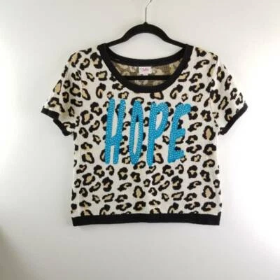 Justice Girls Cropped Sweater Beige Blue Leopard Hope Short Sleeve Rhinestone 18 - Image 1 of 4