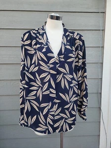 LOFT dark blue and ten Floral Shirred Long Sleeve Blouse Top, Medium - Picture 1 of 4