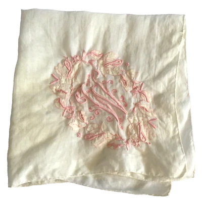 VINTAGE IRISH LINEN HANDKERCHIEF EMBROIDERED W INITIAL WHITE PINK HANKY - Image 1 of 4