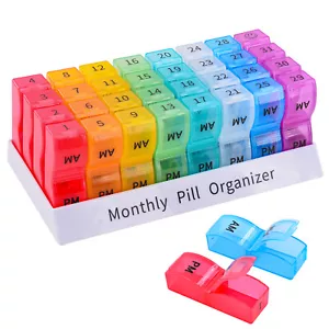 Monthly Pill Organizer Pill Case Box 31 Day AMPM 32 Single Unit Lock Compartment - Picture 1 of 7