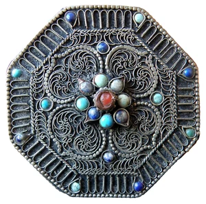 Tibetan Chinese Lidded Filigree Silver Turquoise Coral Lapis Trinket Box - Picture 1 of 12