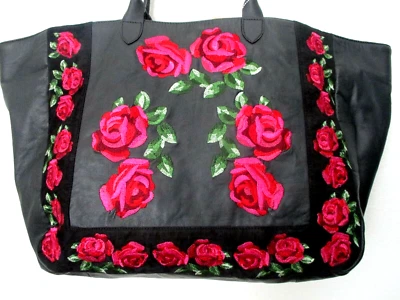 Cartera de Mano Clever Carriage Negra Italiana Cuero Rosa Bordada - Nueva con Etiquetas Foto 1 de 4