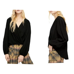 Free People Check On It drapiert Wickel schwarz Langarm Relaxed Bluse Top - XS - Bild 1 von 9