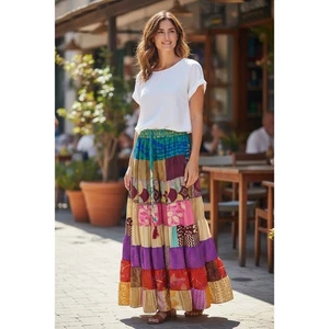 Bohemian Patchwork Tiered Maxi Skirt Boho Festival Flowy Gypsy Beachwear - Picture 1 of 3