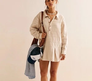 Free People Free-Est Checkin' Mini Dress Cotton Woven Natural Size S NEW - Picture 1 of 14