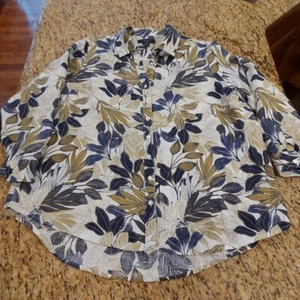 TAHARI Women's 1X Plus Size 100% Linen Floral Button Up Roll Tab Sleeve Shirt - Picture 1 of 16
