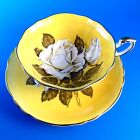 Huge Painted White Cabbage Rose on Yellow Background Paragon Tea Cup and Saucer 