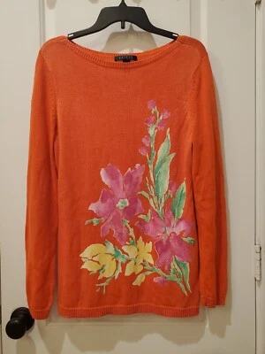 Suéter tejido Ralph Lauren para mujer naranja rosa flores talla XL  Foto 1 de 4