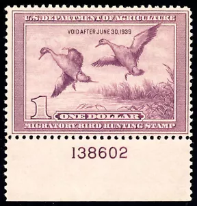 US RW5 $1 Hunting Permit Stamp 1938 Pintail Drake & Hen F-VF NH plate # single - Picture 1 of 2