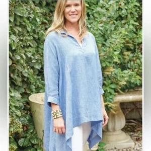 Top túnica asimétrica cuello lino 100 % lino PINE CONO HILL ANNIE SELKE L XL $175 - Imagen 1 de 12