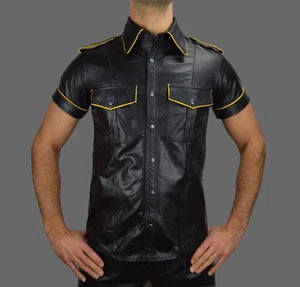 AWANSTAR Lederhemd mit Gelben Biesen,Nappa leder Hemd,chemise Cuir leather Shirt - Picture 1 of 2