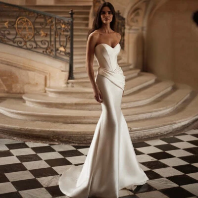 Strapless Satin Mermaid Wedding Dresses Pleated Backless Sweep Train Bridal Gown - Image 1 of 4