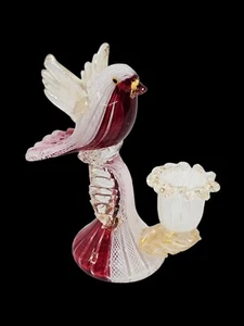 Venetian Murano Glass Bird Cranberry Lace Pattern Gold Specks Candle Holder 5" - Picture 1 of 13