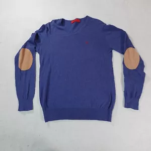 Carolina Herrera Sweater Mens Small Blue Pullover Elbow Patch V Neck Preppy Top - Picture 1 of 15